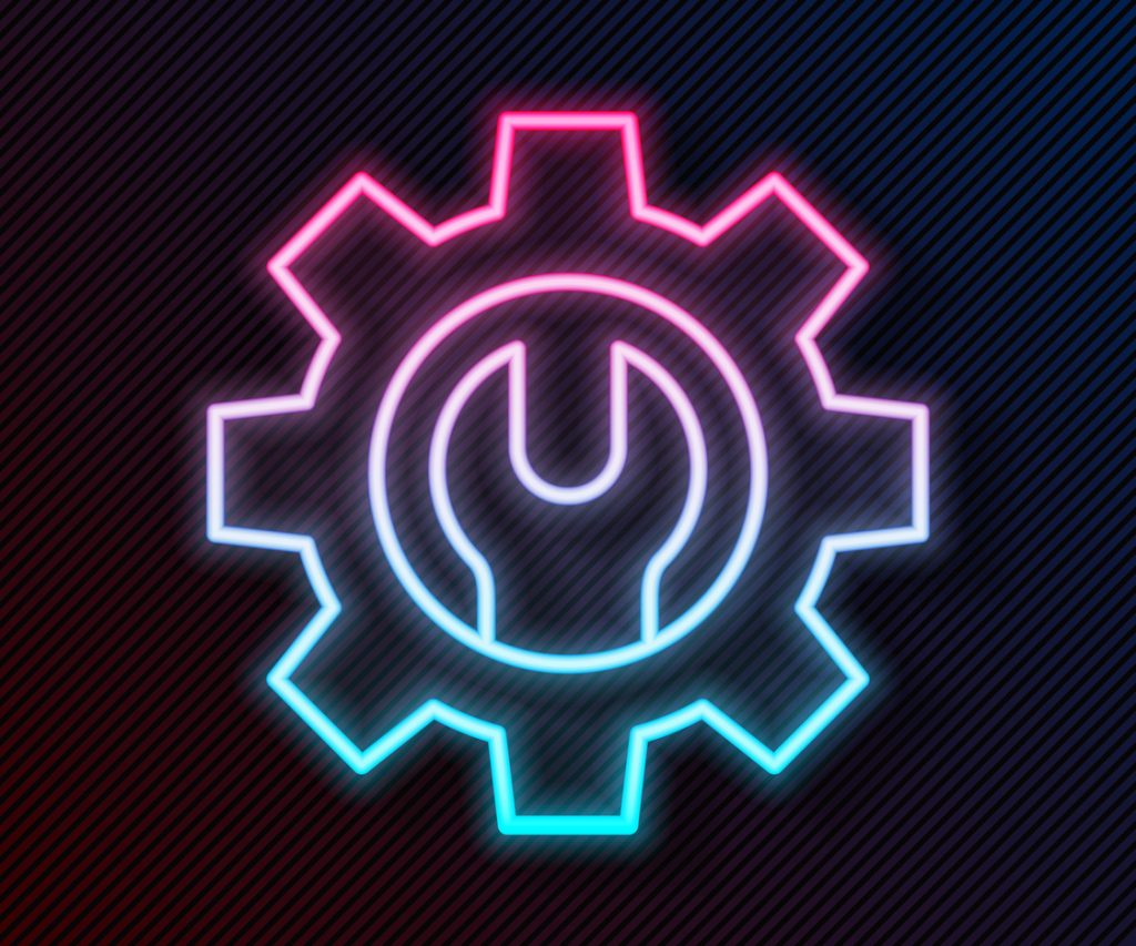 Glowing neon line Wrench spanner and gear icon isolated on black background. Adjusting, service, setting, maintenance, repair, fixing. Vector Illustration