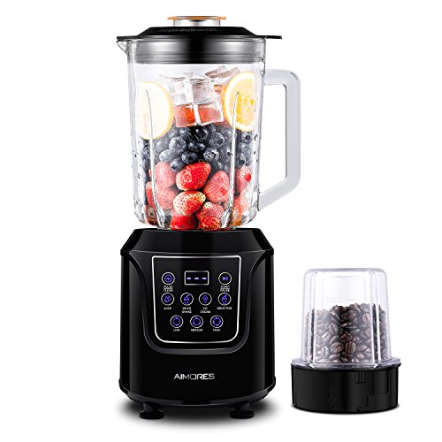 Commercial Blender AIMORES for Smoothie, Pre Programmed / Pulse / Speed Control (28,000 RPMs) / LED Touch Screen, 52oz Big Glass Pitcher, with Grinding Cup & Recipe, ETL/FDA Approved